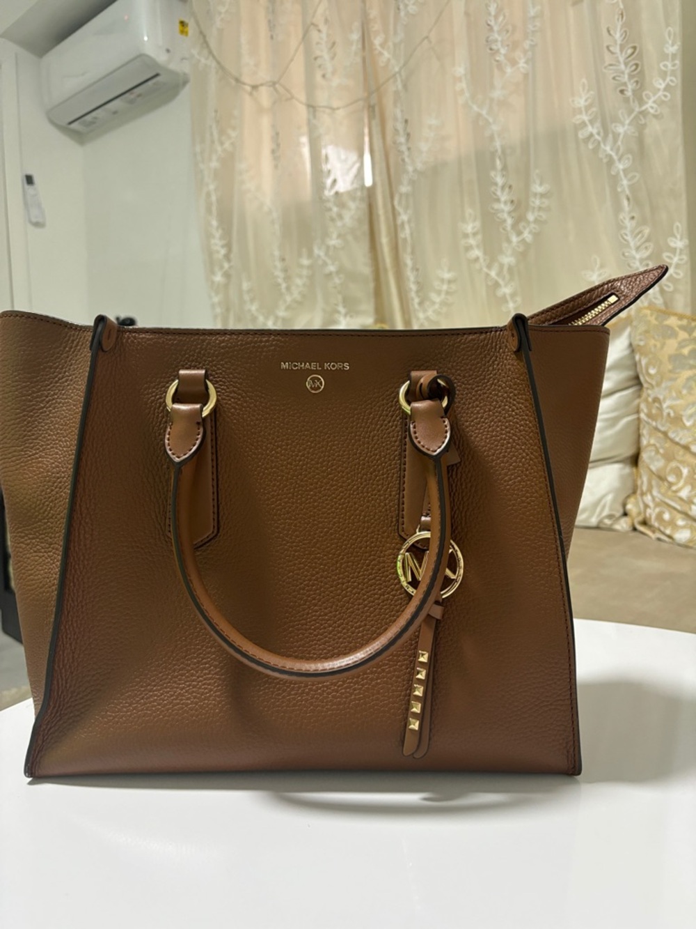 Michael Kors Brown Leather Satchel with Gold-Tone Charm
